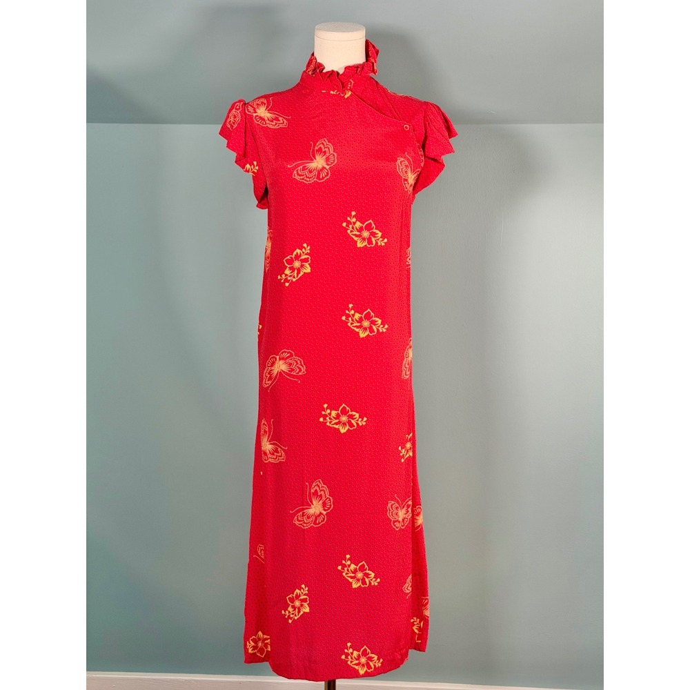 Vintage 1970s Red Dress Butterfly Polka Dot Cheongsam Qipao 70s Shift Large - Picture 2 of 9